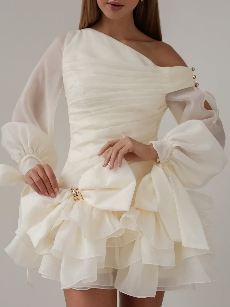 Chic One-Shoulder Long Sleeve Ruffled Ivory Mini Homecoming Dress for Women
