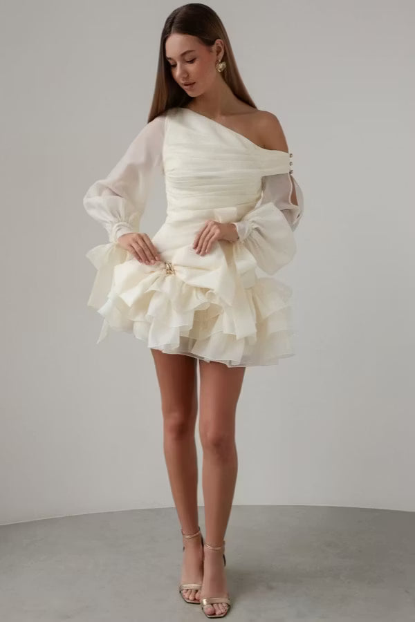 Chic One-Shoulder Long Sleeve Ruffled Ivory Mini Homecoming Dress for Women