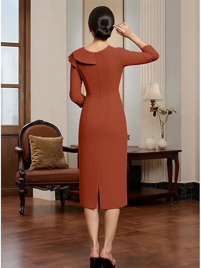 Chic Sheath Asymmetrical Neck Three-Quarter Sleeve Ruffled Rust Midi Prom Dress Women's