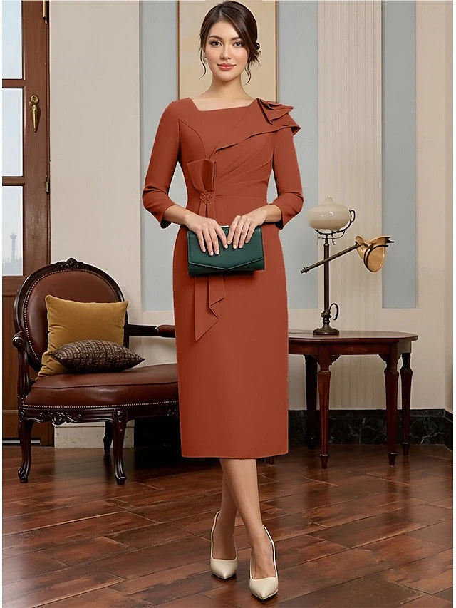 Chic Sheath Asymmetrical Neck Three-Quarter Sleeve Ruffled Rust Midi Prom Dress Women's