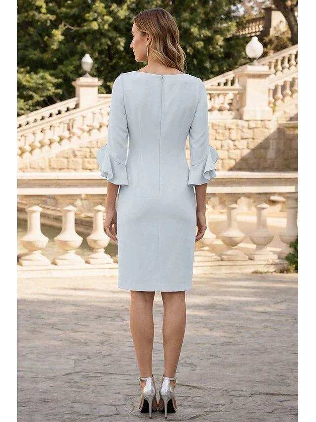 Chic Sheath Boat Neck Three-Quarter Sleeve Ruffled Light Blue Knee-Length Prom Dress