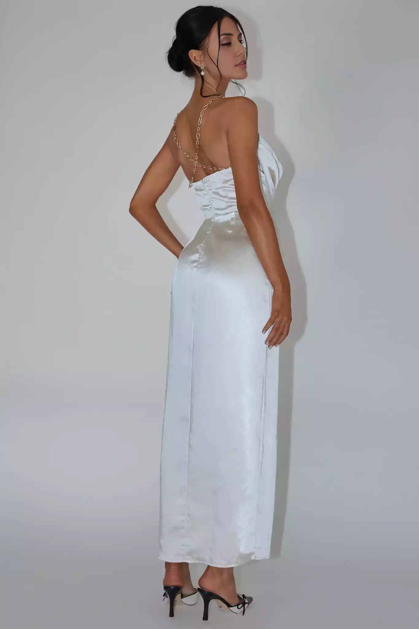 Chic mid length lined scarf, collar, chain shoulder straps, side slit, back with zipper Bridesmaid Dresses