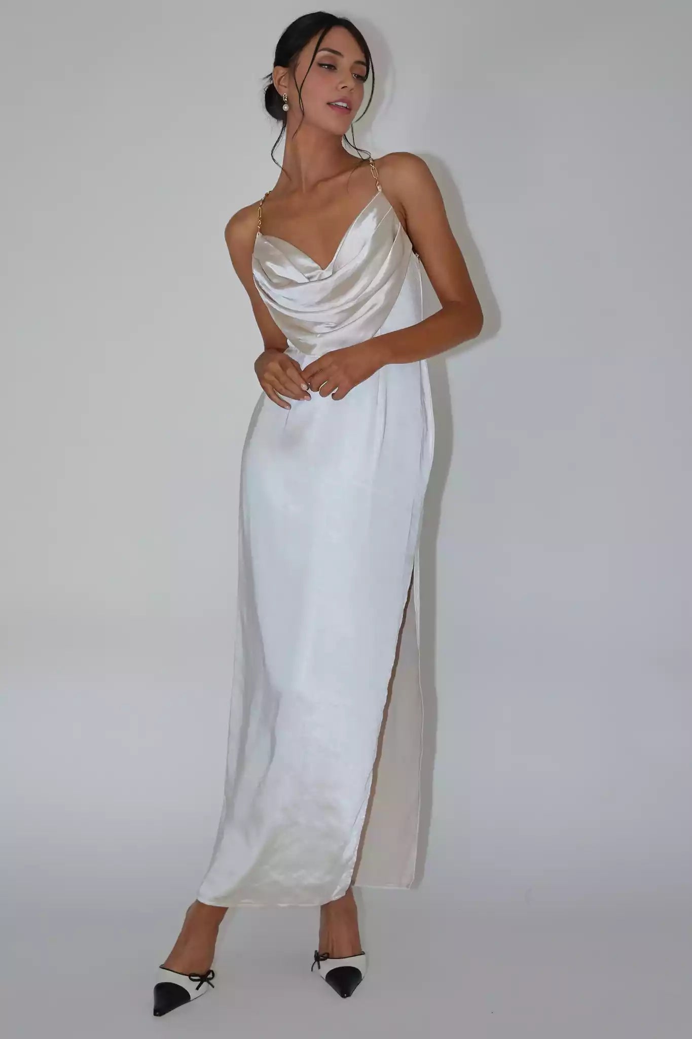 Chic mid length lined scarf, collar, chain shoulder straps, side slit, back with zipper Bridesmaid Dresses