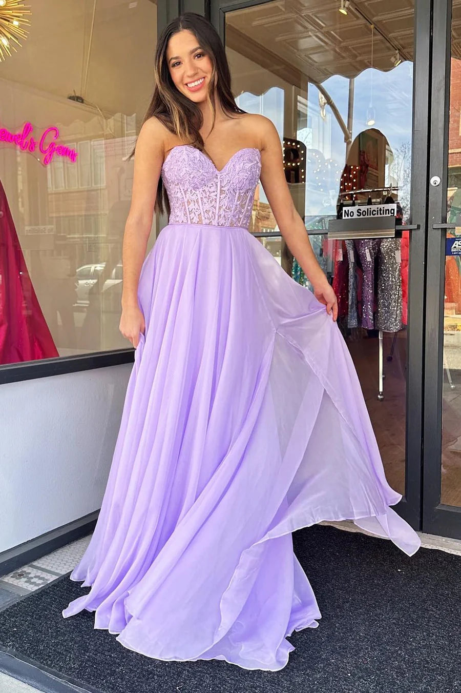 Chiffon Applique Sweetheart A-Line Prom Dress with Puff Sleeves