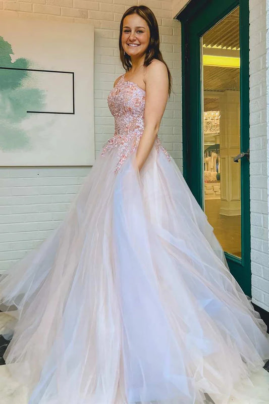 Chiffon Flower Lace Single Shoulder A-line Long Ball Dress