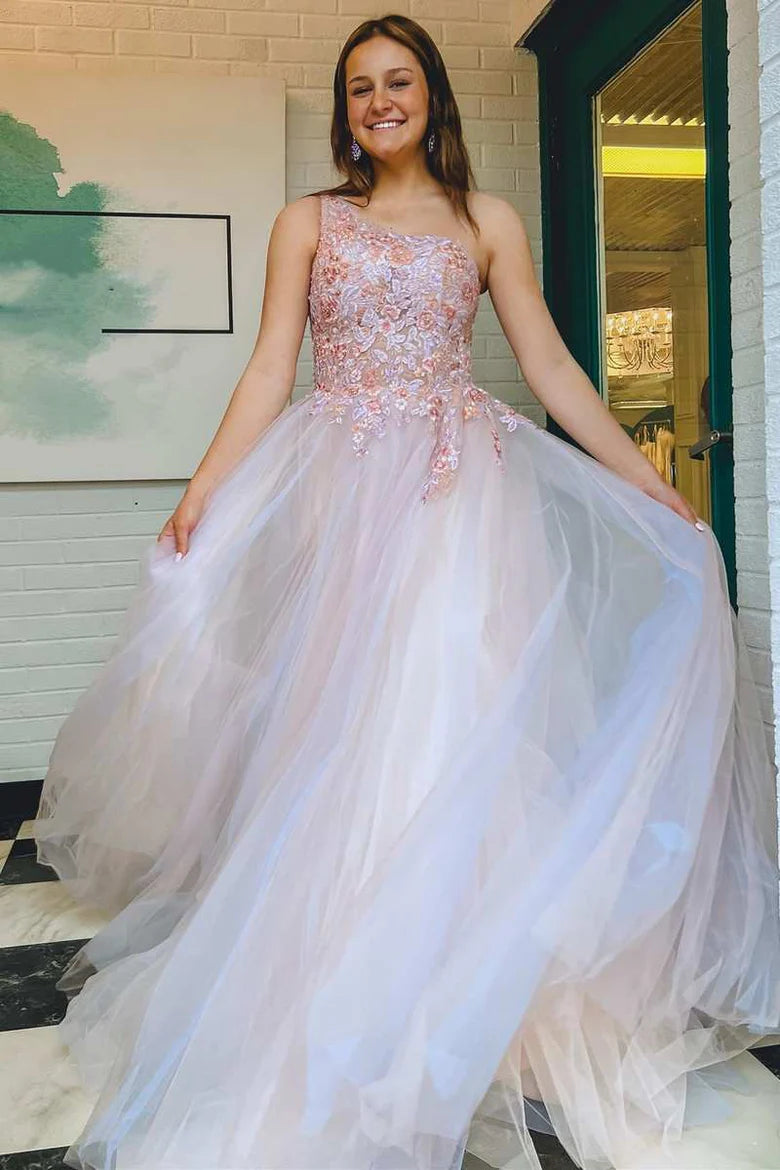 Chiffon Flower Lace Single Shoulder A-line Long Ball Dress