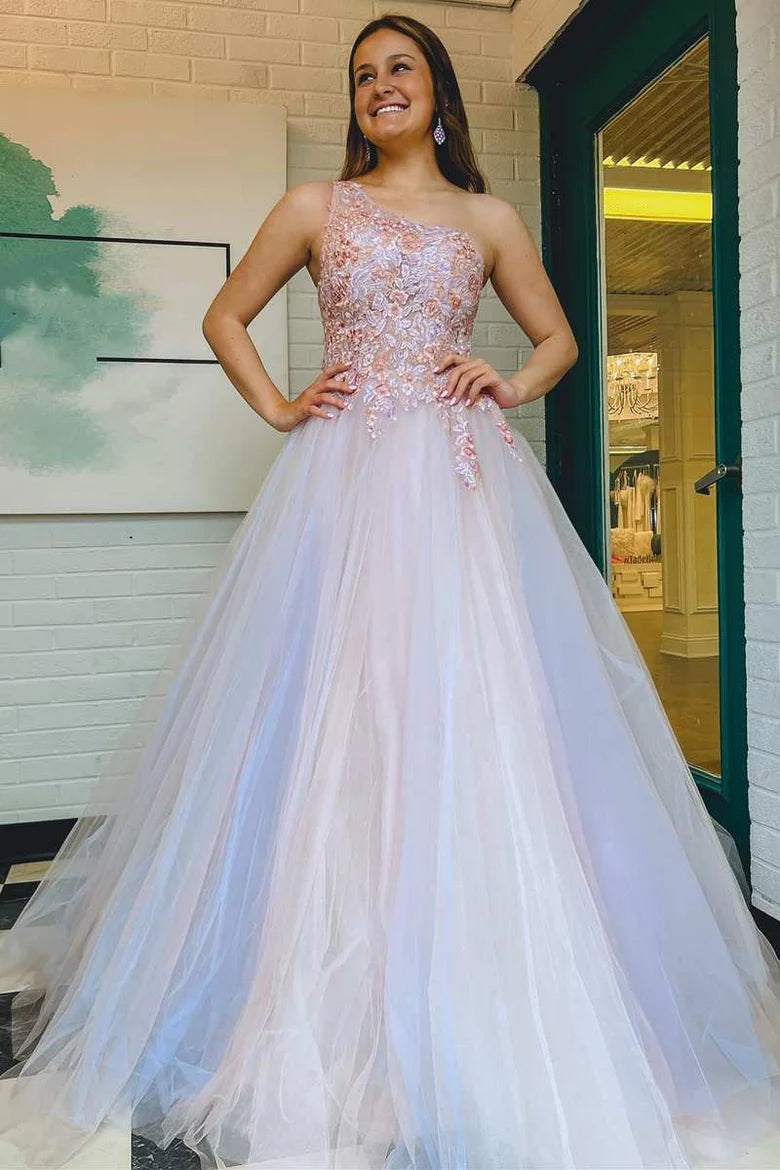 Chiffon Flower Lace Single Shoulder A-line Long Ball Dress
