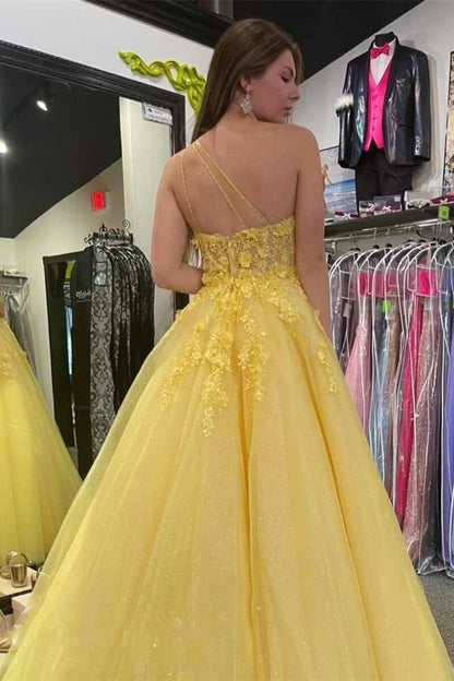 Chiffon One Shoulder 3D Flower Embroidered Ball Dress