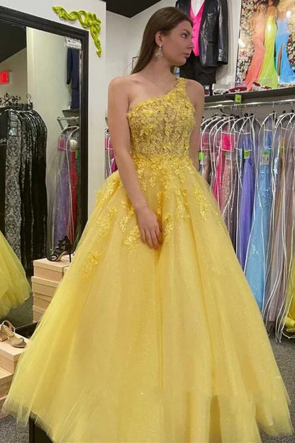 Chiffon One Shoulder 3D Flower Embroidered Ball Dress