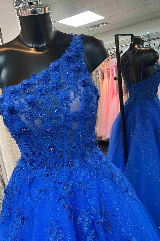 Chiffon One Shoulder 3D Flower Embroidered Ball Dress