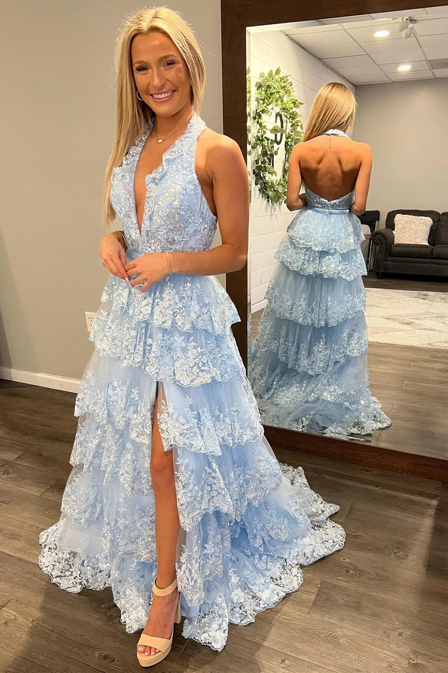 Chiffon applique camisole pleated layered long ball dress