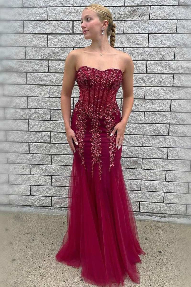 Chiffon beaded strapless mermaid long dress
