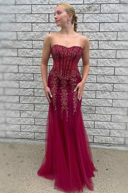 Chiffon beaded strapless mermaid long dress