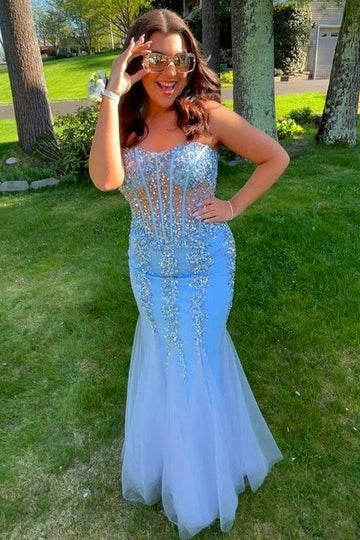 Chiffon beaded strapless mermaid long dress