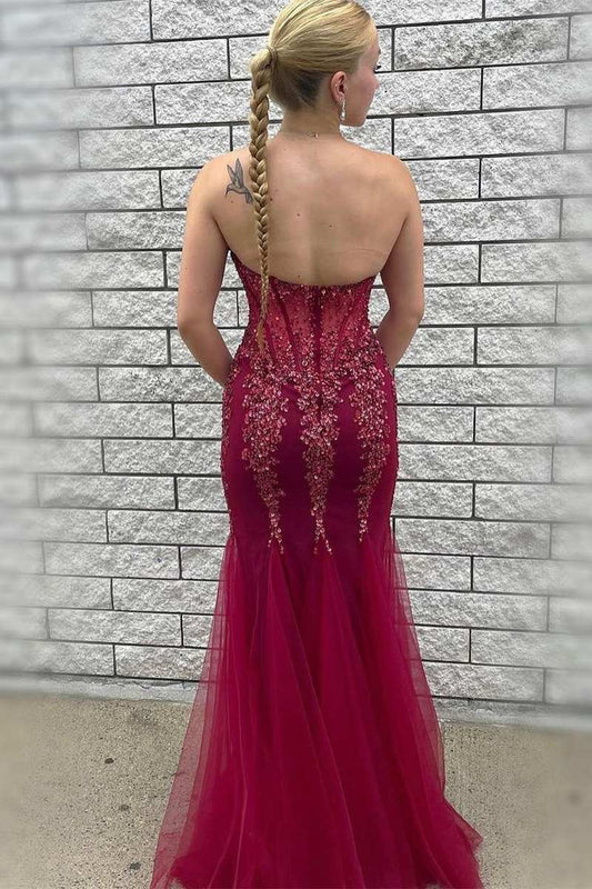 Chiffon beaded strapless mermaid long dress