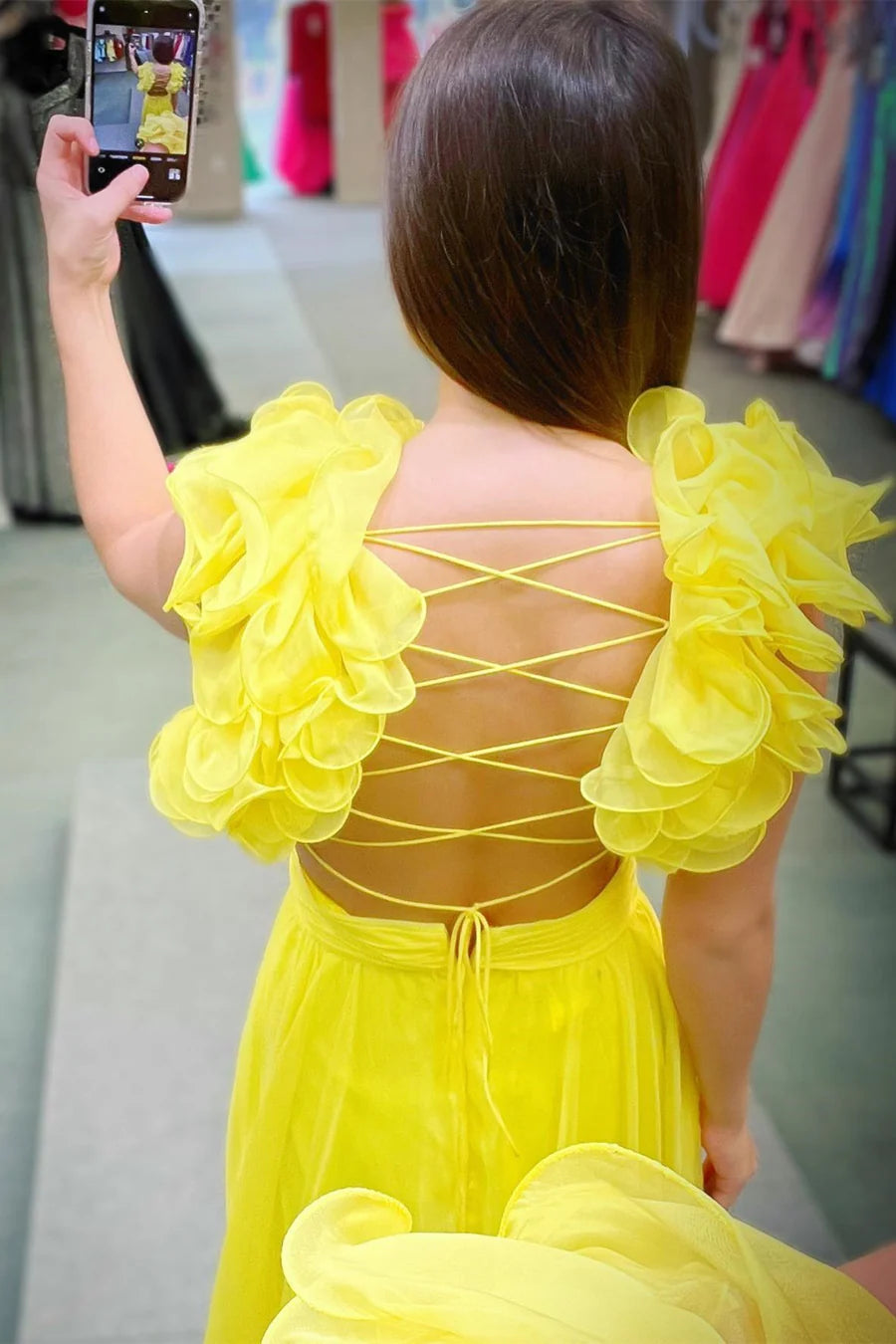 Chiffon lace up pleated A-line ball dress sleeveless backless