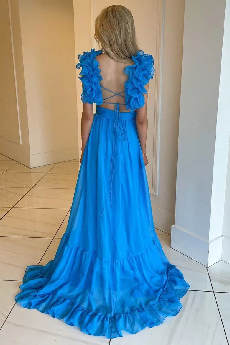 Chiffon lace up pleated A-line ball dress sleeveless backless