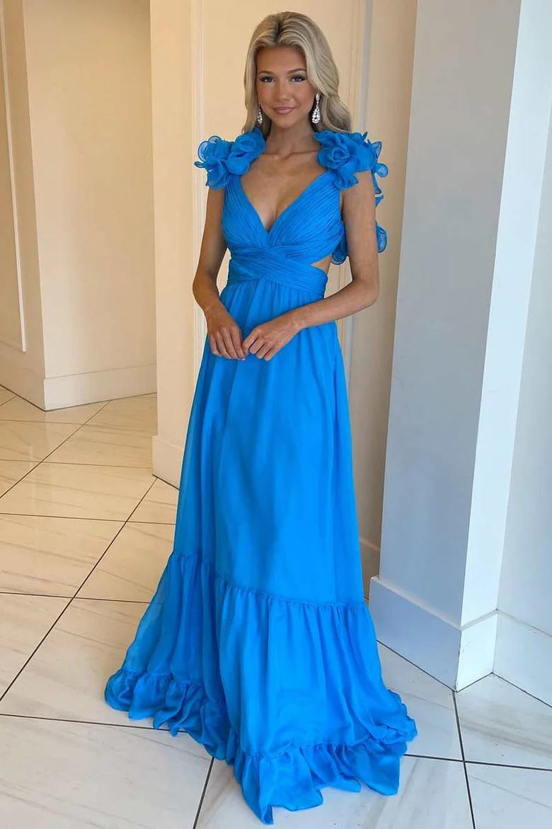 Chiffon lace up pleated A-line ball dress sleeveless backless