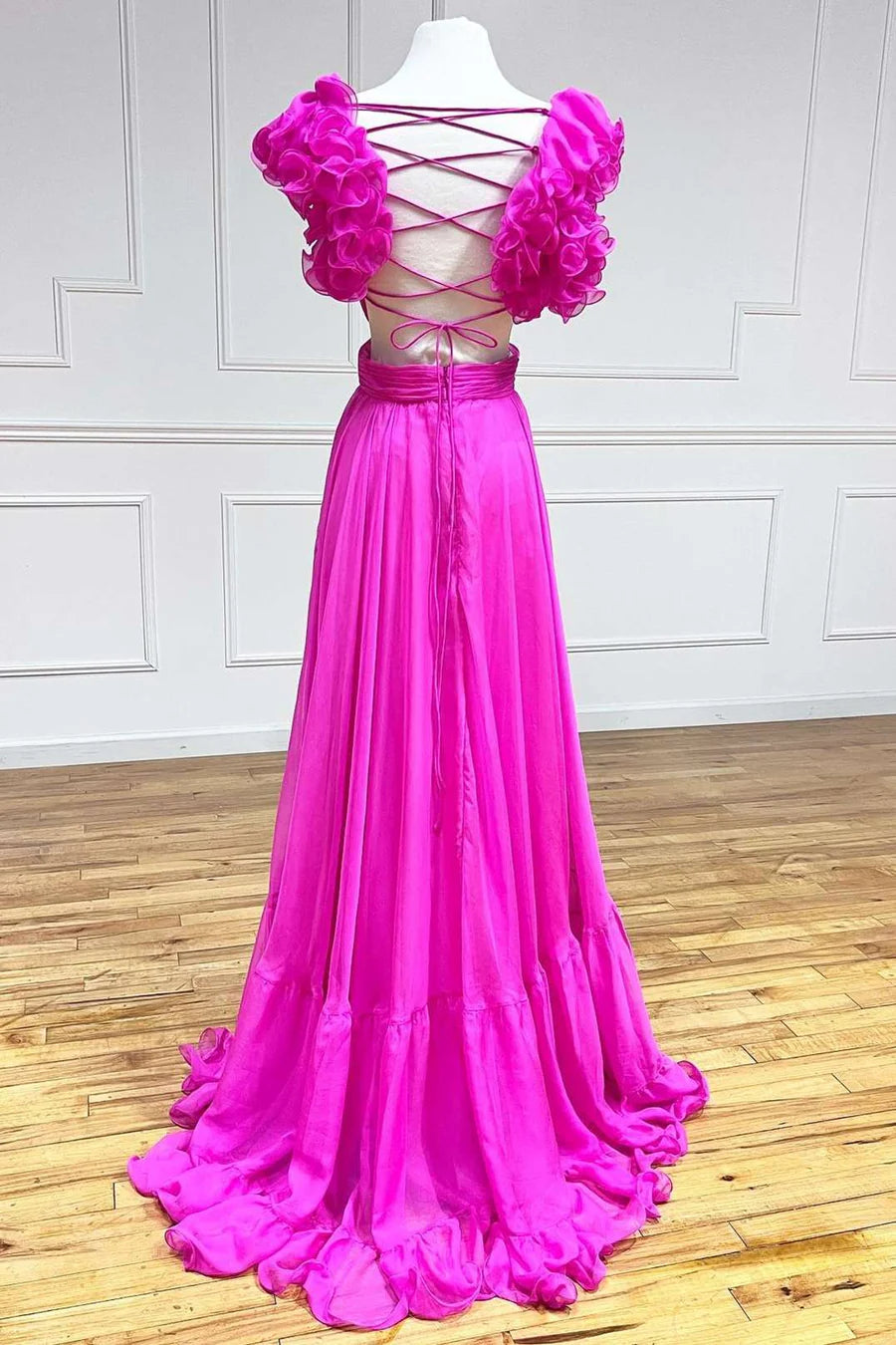 Chiffon lace up pleated A-line ball dress sleeveless backless