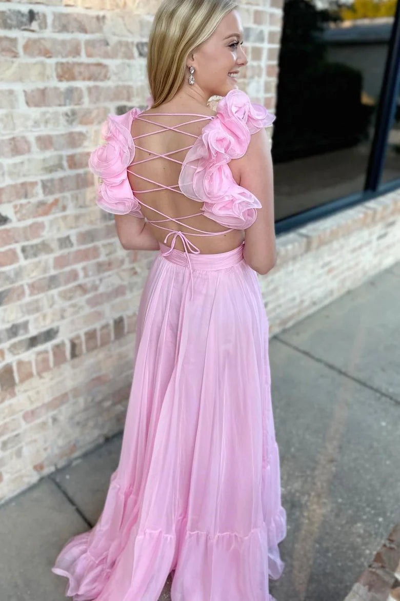 Chiffon lace up pleated A-line ball dress sleeveless backless