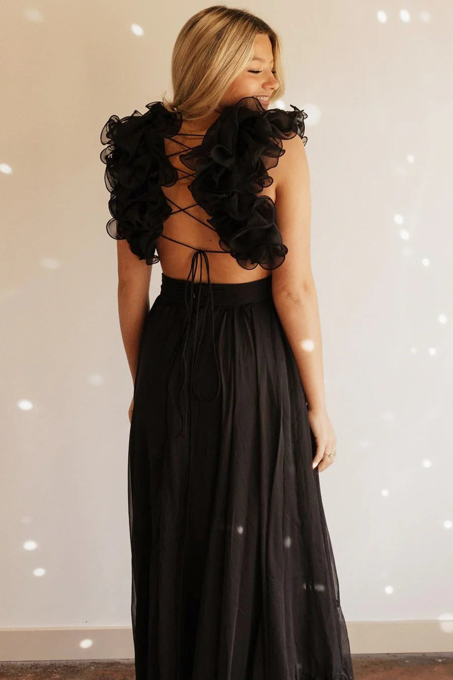 Chiffon lace up pleated A-line ball dress sleeveless backless