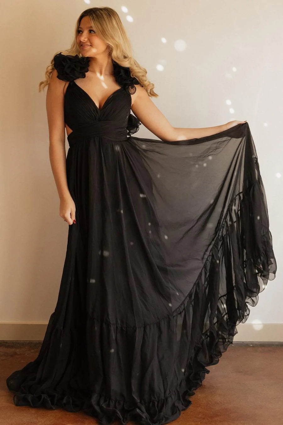 Chiffon lace up pleated A-line ball dress sleeveless backless