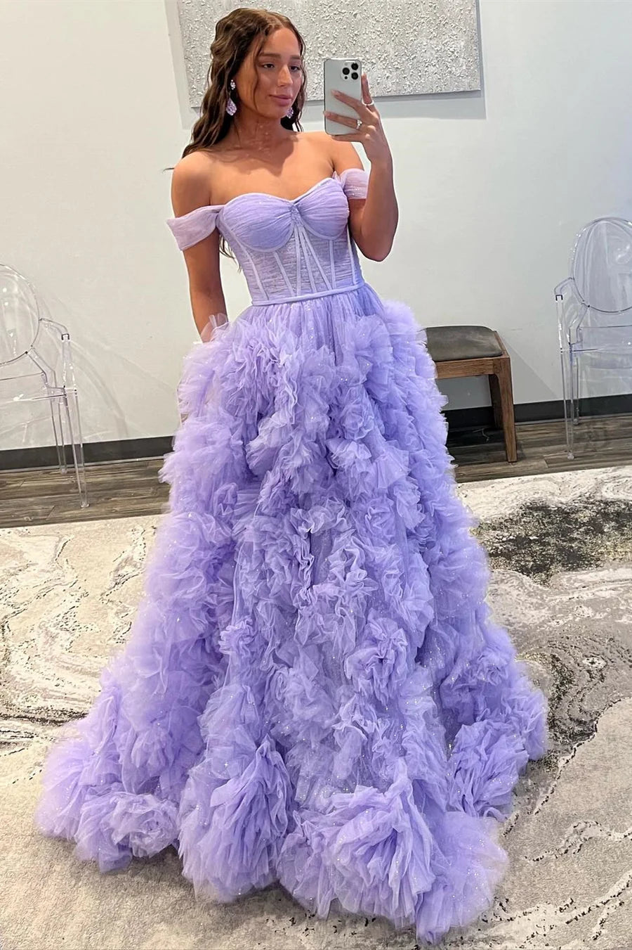 Chiffon off shoulder long pleated ball dress