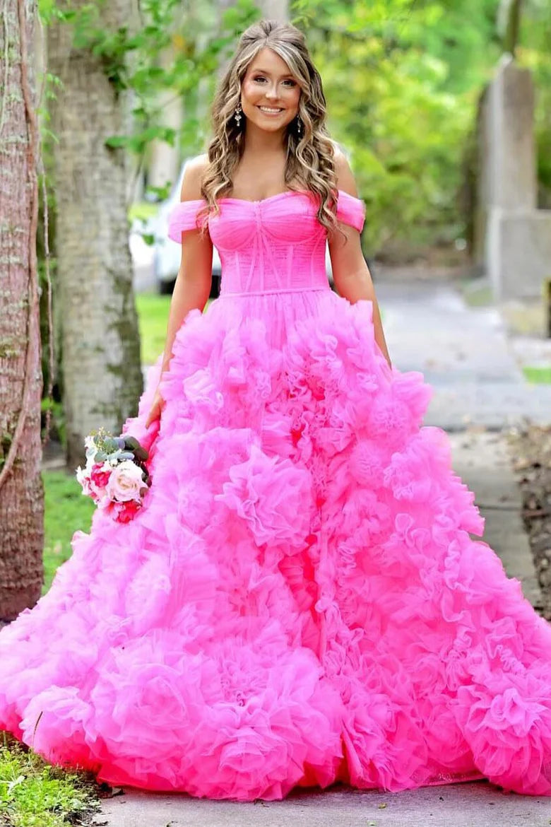 Chiffon off shoulder long pleated ball dress