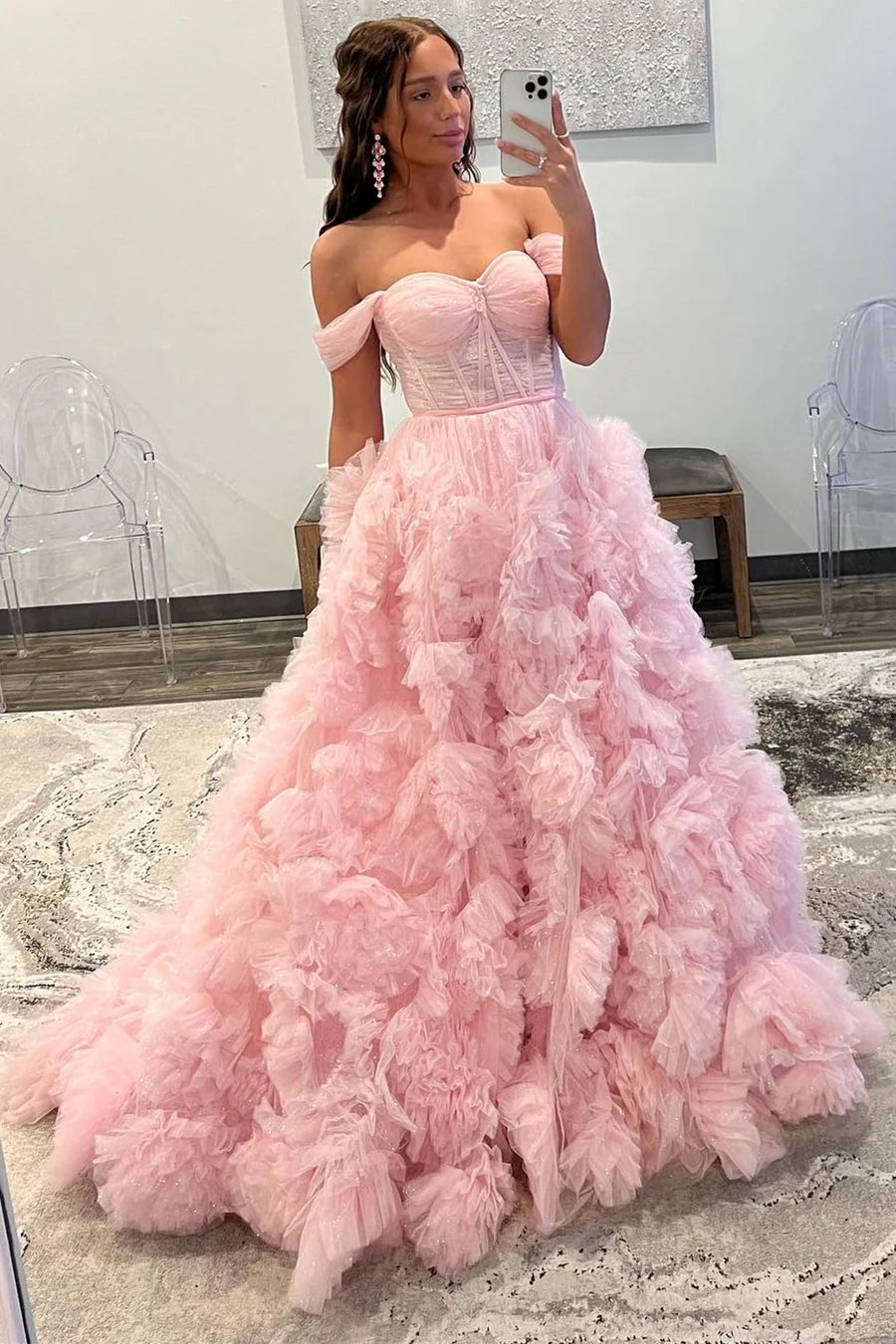 Chiffon off shoulder long pleated ball dress