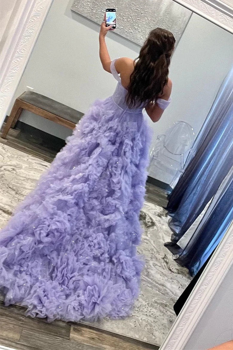 Chiffon off shoulder long pleated ball dress