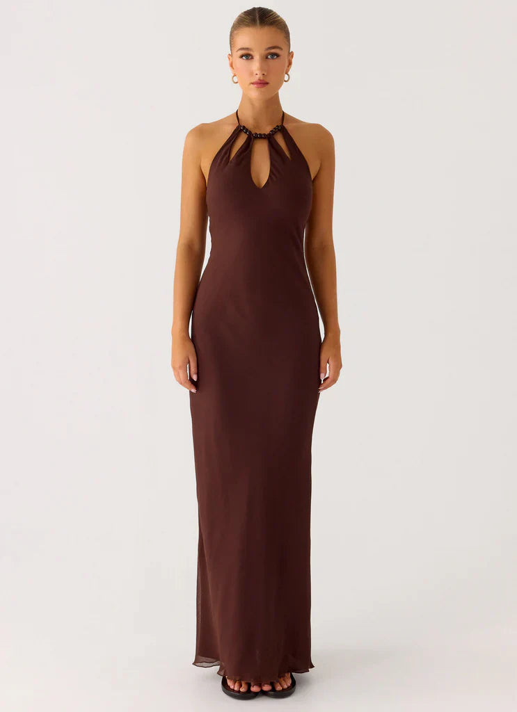 Chocolate Brown Beaded Halter Neck Backless Maxi Prom Dress For Glam Formal Evening Events