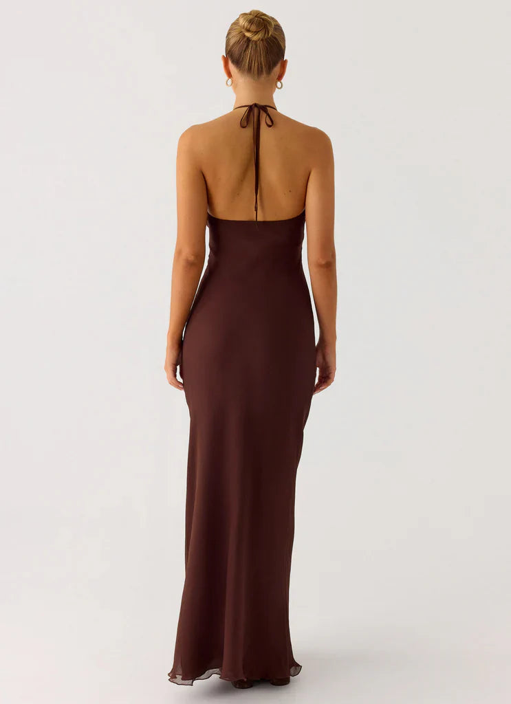 Chocolate Brown Beaded Halter Neck Backless Maxi Prom Dress For Glam Formal Evening Events
