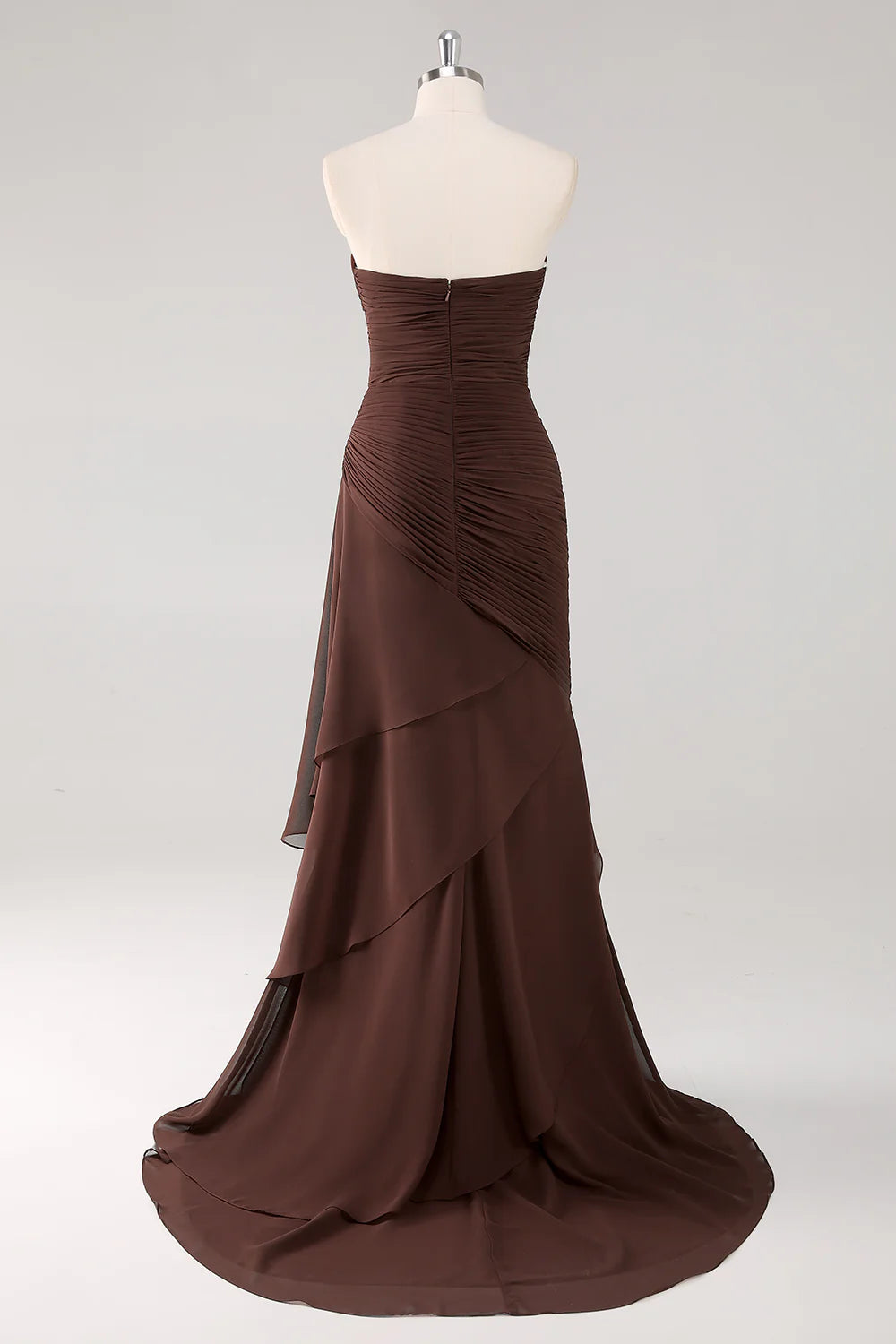 Chocolate Brown Chiffon Ruched Strapless Asymmetrical Ruffle Mermaid Evening Dresses