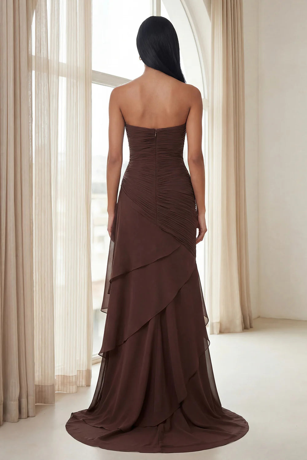 Chocolate Brown Chiffon Ruched Strapless Asymmetrical Ruffle Mermaid Evening Dresses