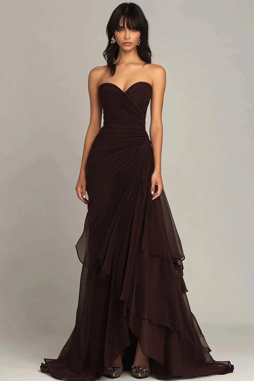 Chocolate Brown Chiffon Ruched Strapless Asymmetrical Ruffle Mermaid Evening Dresses