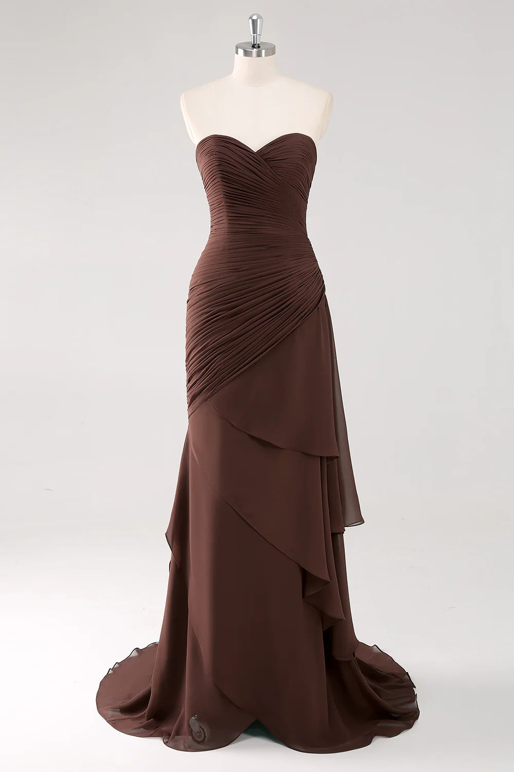 Chocolate Brown Chiffon Ruched Strapless Asymmetrical Ruffle Mermaid Evening Dresses