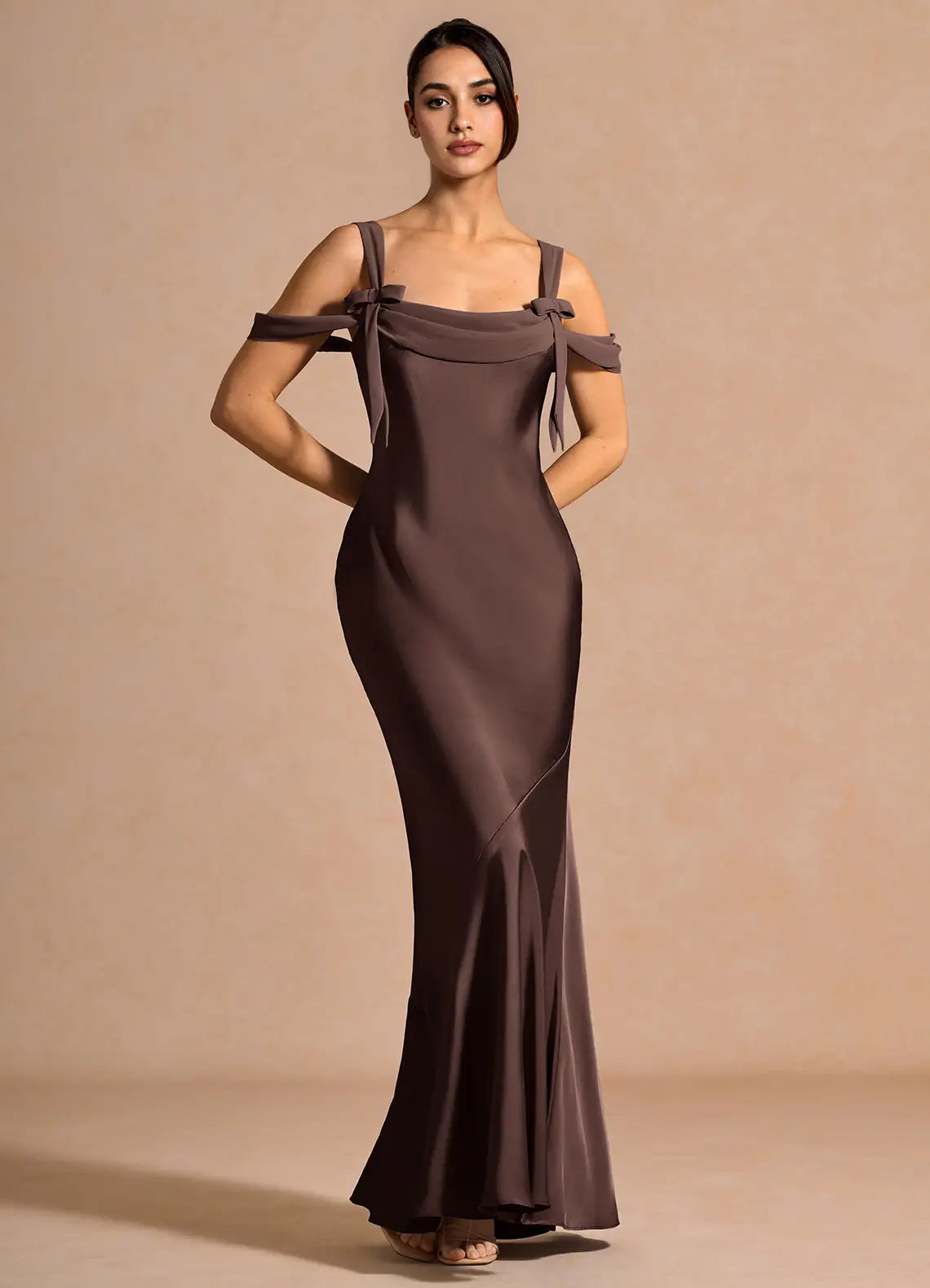 Chocolate Brown Cold Shoulder Bow Detail Satin Mermaid Maxi Evening Dresses