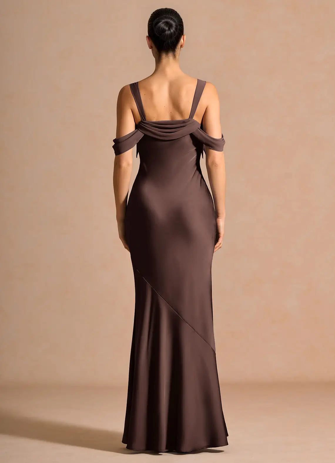 Chocolate Brown Cold Shoulder Bow Detail Satin Mermaid Maxi Evening Dresses