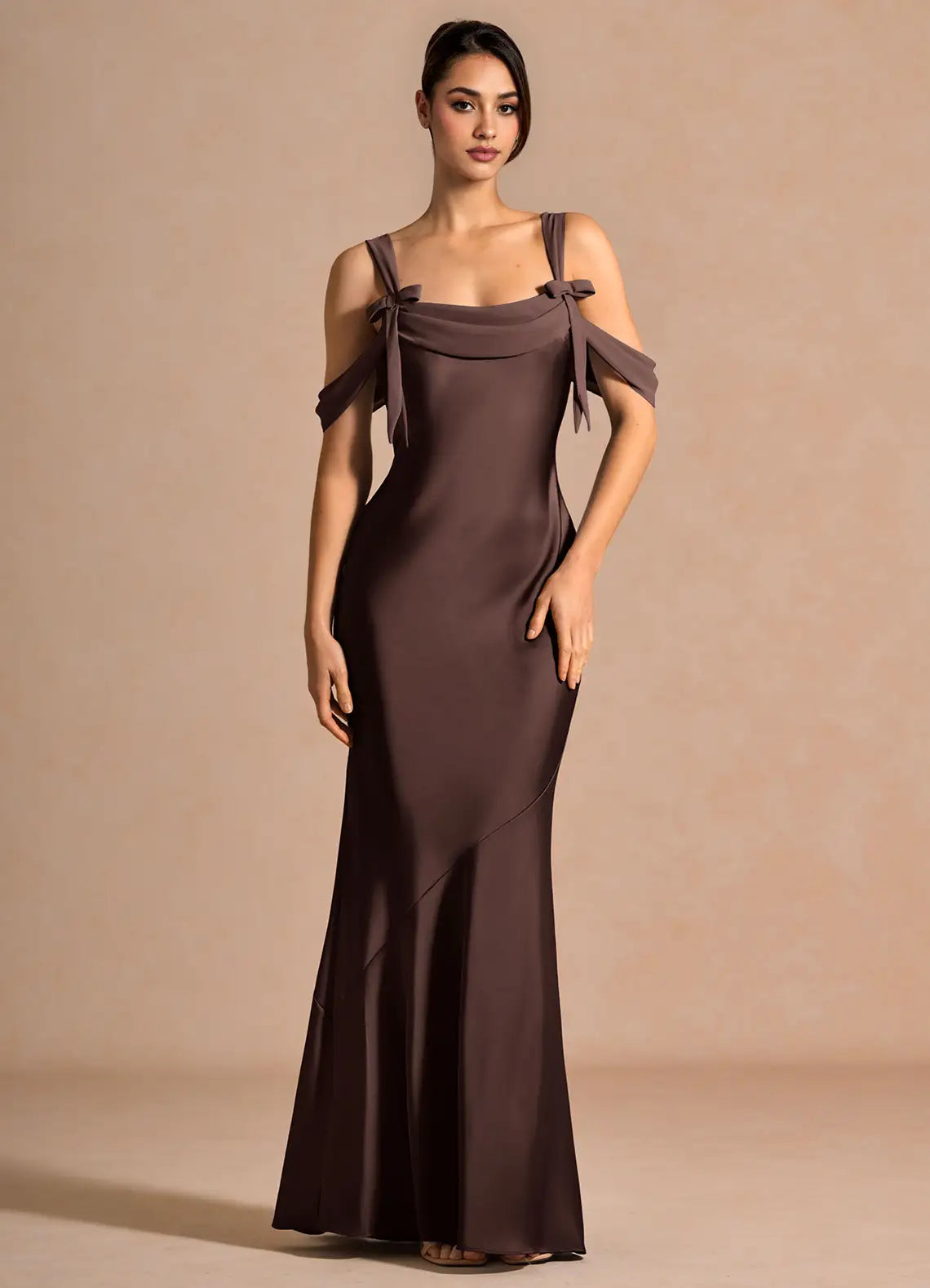 Chocolate Brown Cold Shoulder Bow Detail Satin Mermaid Maxi Evening Dresses