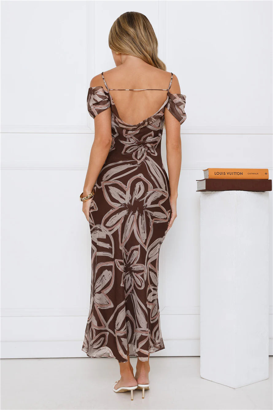 Chocolate Brown Floral Print Asymmetrical Off-the-Shoulder Midi Evening Dresses