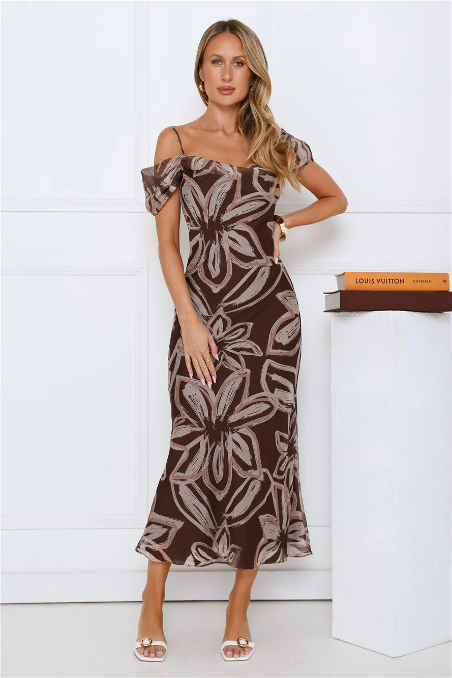 Chocolate Brown Floral Print Asymmetrical Off-the-Shoulder Midi Evening Dresses