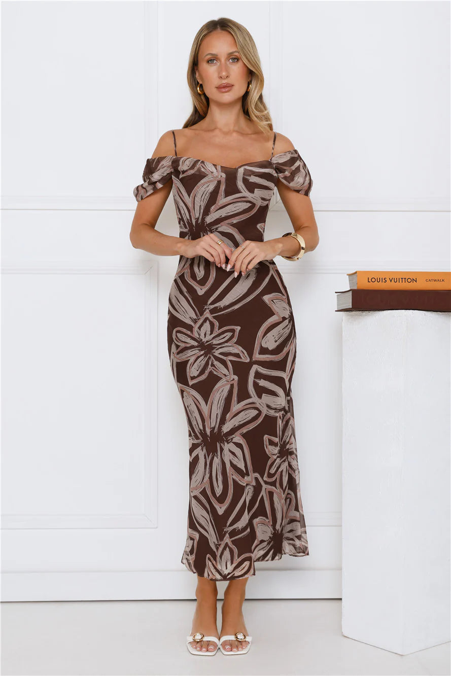 Chocolate Brown Floral Print Asymmetrical Off-the-Shoulder Midi Evening Dresses