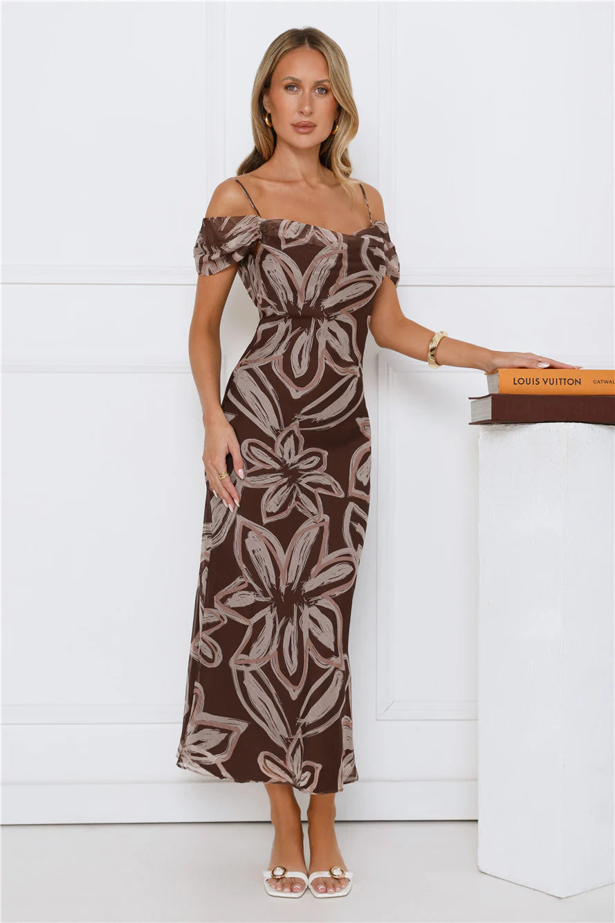 Chocolate Brown Floral Print Asymmetrical Off-the-Shoulder Midi Evening Dresses