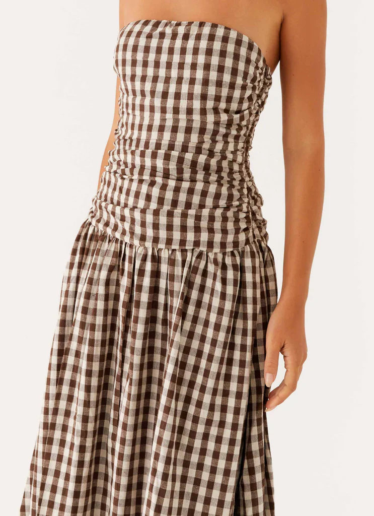 Chocolate Brown Gingham Strapless Ruched Maxi Prom Dress For Elegant Formal Evening Events