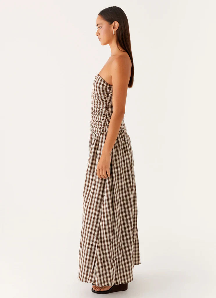 Chocolate Brown Gingham Strapless Ruched Maxi Prom Dress For Elegant Formal Evening Events