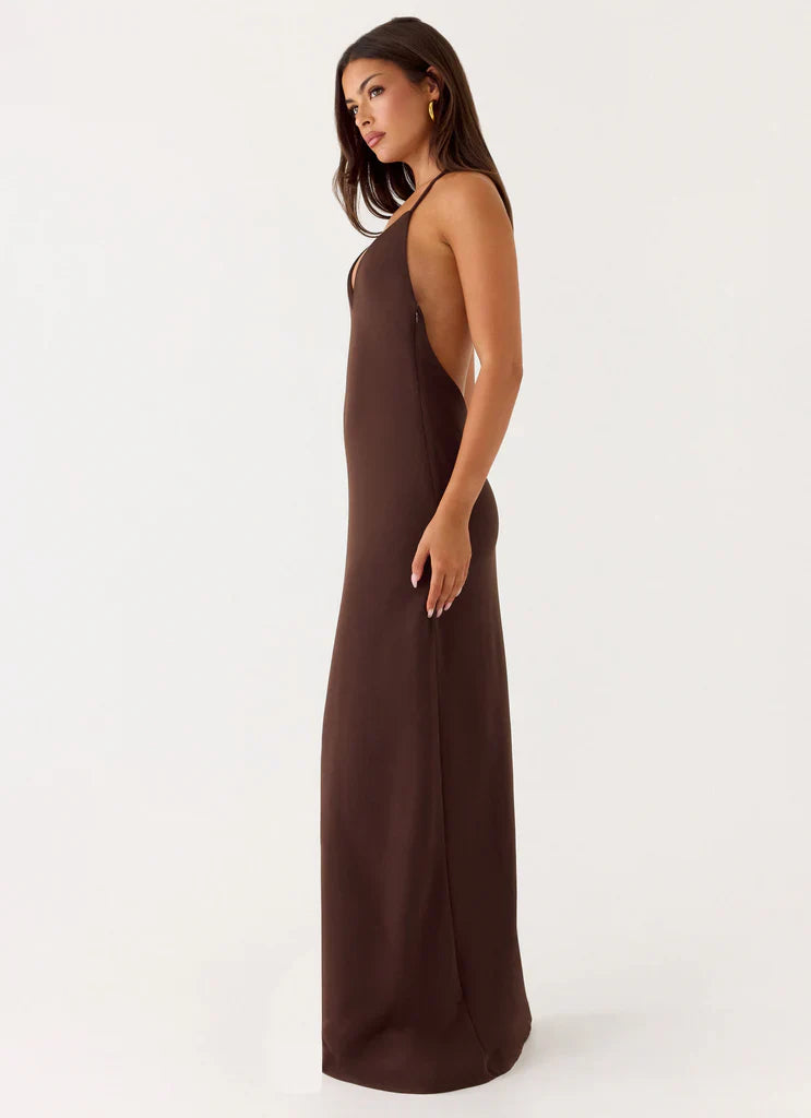 Chocolate Brown Halter Neck Deep V Backless Maxi Dress For Elegant Formal Evening Events