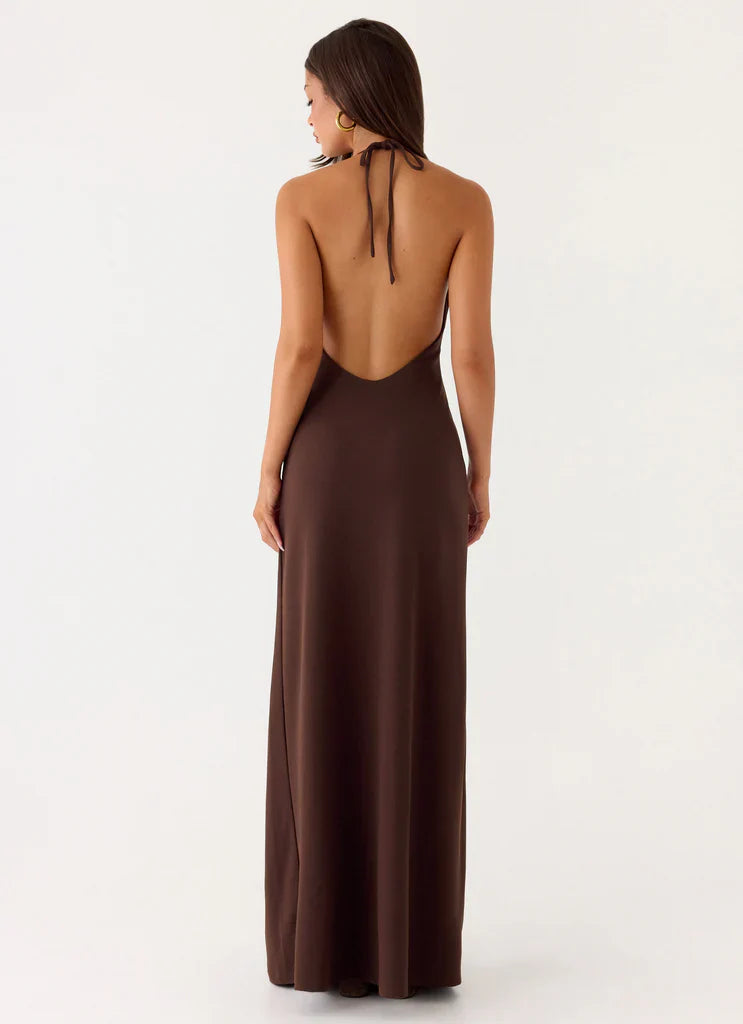 Chocolate Brown Halter Neck Deep V Backless Maxi Dress For Elegant Formal Evening Events