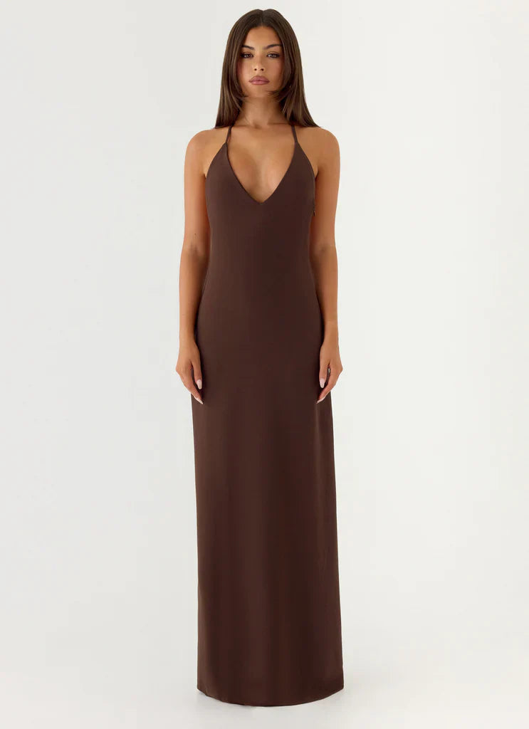 Chocolate Brown Halter Neck Deep V Backless Maxi Dress For Elegant Formal Evening Events