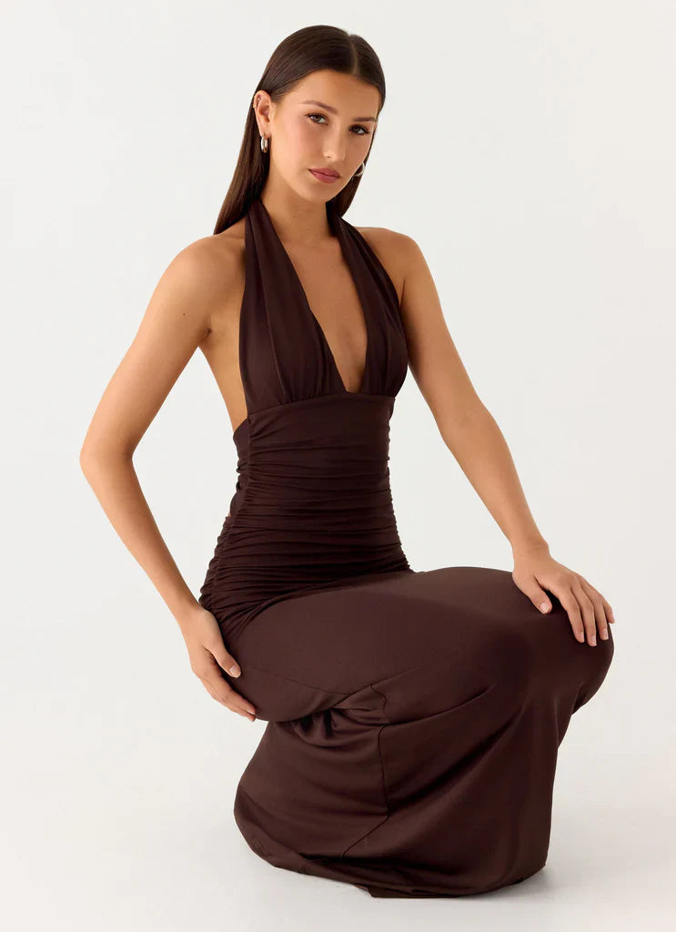 Chocolate Brown Halter Neck Deep V Ruched Backless Maxi Dress For Elegant Formal Evening Events