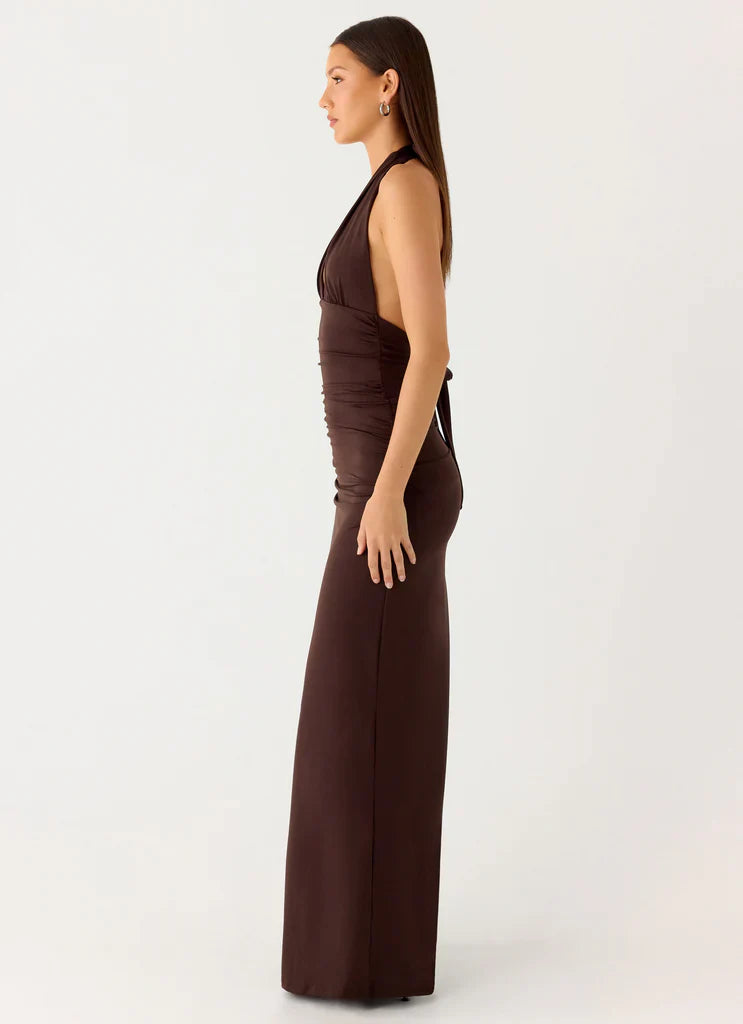 Chocolate Brown Halter Neck Deep V Ruched Backless Maxi Dress For Elegant Formal Evening Events